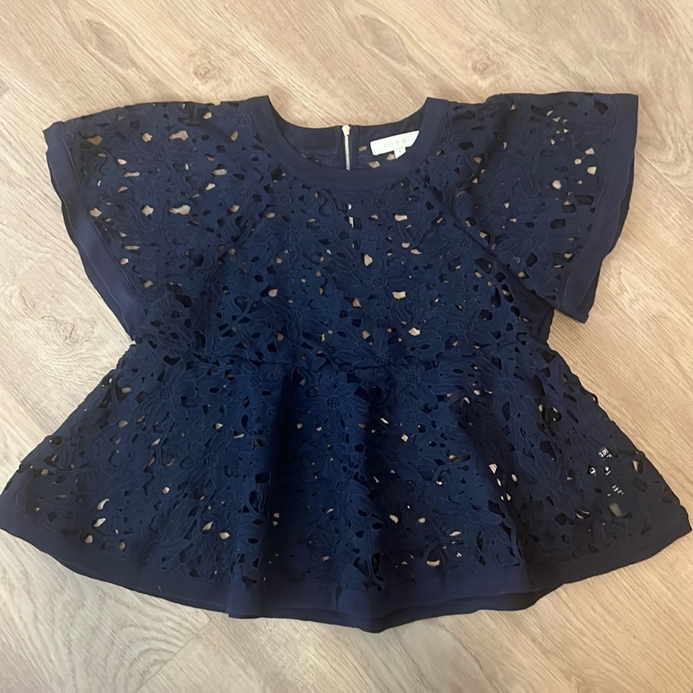 Eri + Ali Anthropologie Navy Blue Raglan Sleeve Lace Peplum Blouse (S) EUC